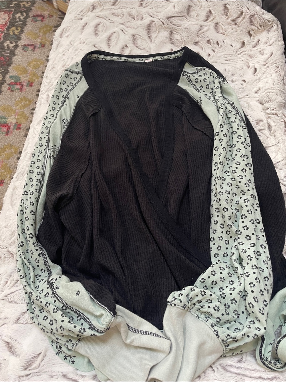 Free People Black Top with Light Mint Floral Sleeves